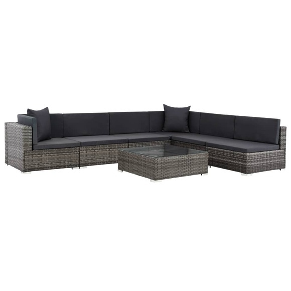 7-tlg. Garten-Lounge-Set mit Auflagen Poly Rattan Grau