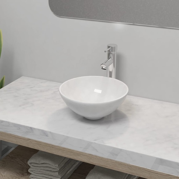 Bad-Waschbecken mit Mischbatterie Keramik Rund Weiss