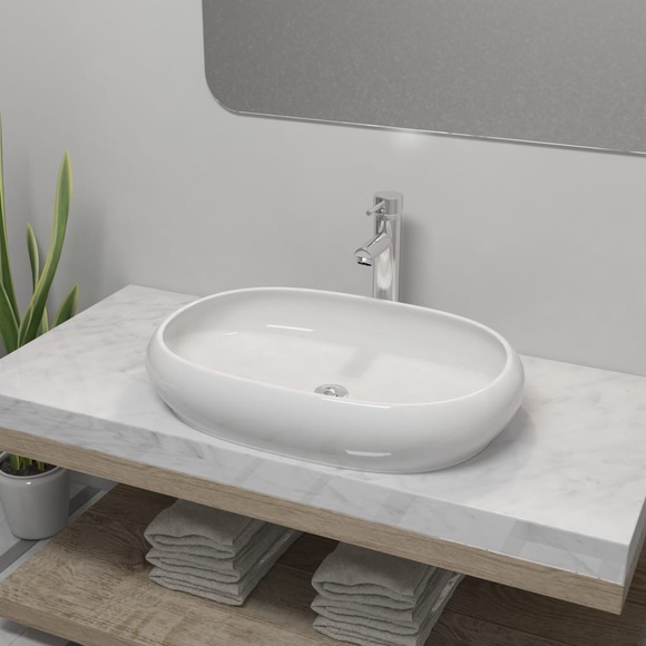 Bad-Waschbecken mit Mischbatterie Keramik Oval Weiss