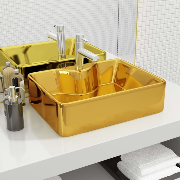 Waschbecken mit Wasserhahnloch 48 x 37 x 13,5 cm Keramik Golden