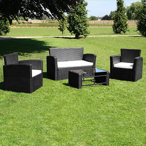 4-tlg. Garten-Lounge-Set mit Auflagen Poly Rattan Schwarz