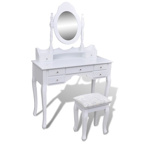 Schminktisch mit Spiegel und Hocker 7 Schubladen Weiss