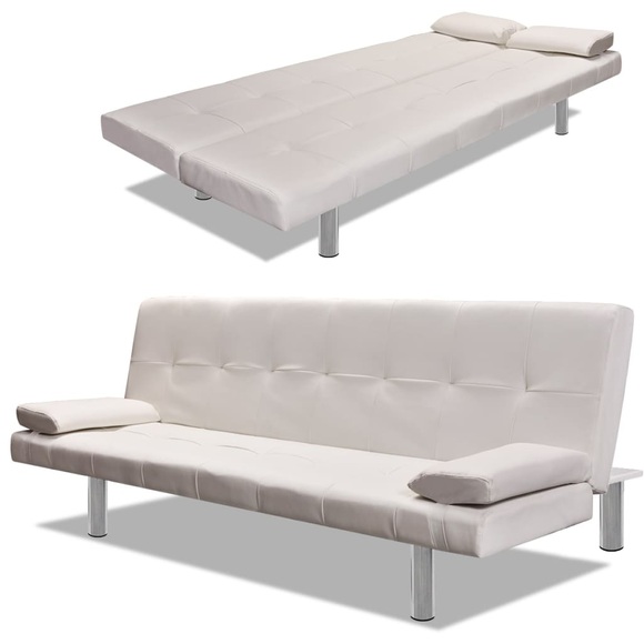 Schlafsofa mit zwei Kissen Kunstleder Verstellbar Cremeweiss