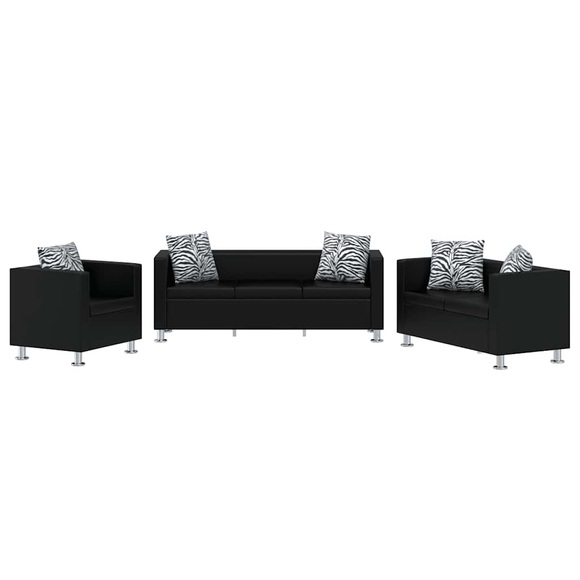 Sofa Set Kunstleder 3-Sitzer 2-Sitzer Sessel Schwarz