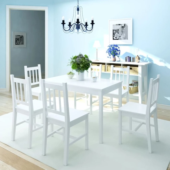 Siebenteiliges Esstisch-Set Pinienholz Weiss
