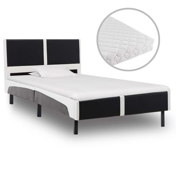 Bett mit Matratze Schwarz und Weiss Kunstleder 90 x 200 cm