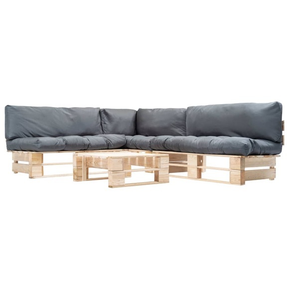 4-tlg. Garten-Paletten-Sofagarnitur mit Grauen Kissen Holz