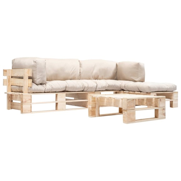4-tlg. Garten-Paletten-Sofagarnitur Sandfarbiges Kissen Holz