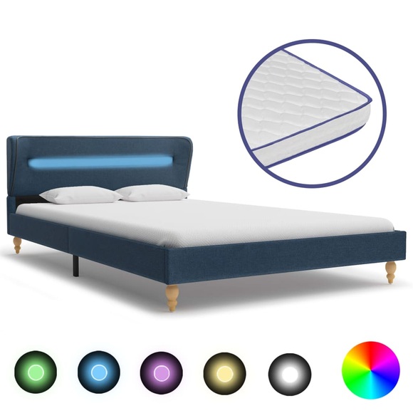 vidaXL Bett mit LED und Memory-Schaum-Matratze Blau Stoff 120×200 cm