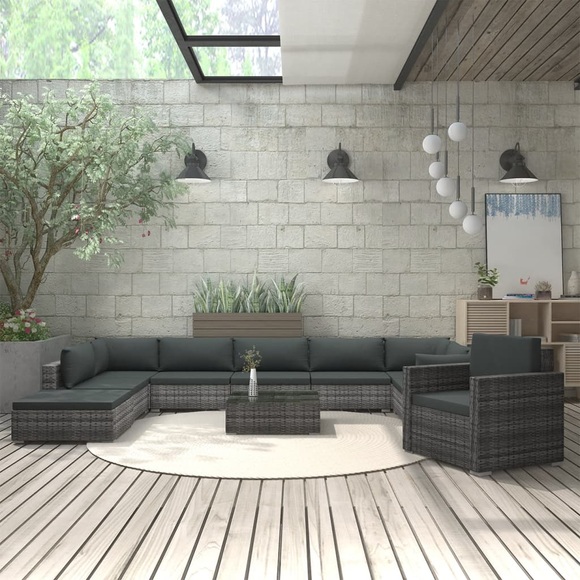 11-tlg. Garten-Lounge-Set mit Auflagen Poly Rattan Grau