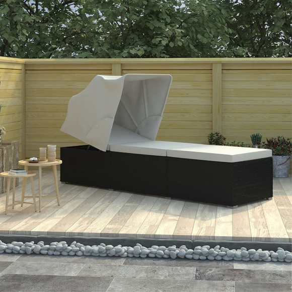 Sonnenliege mit Sonnenschutz und Auflagen Poly Rattan Cremeweiss