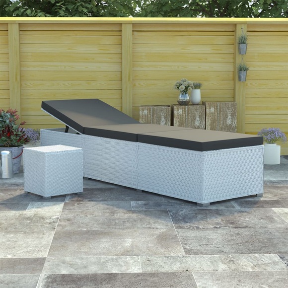 Sonnenliege mit Auflage und Teetisch Poly Rattan Weiss