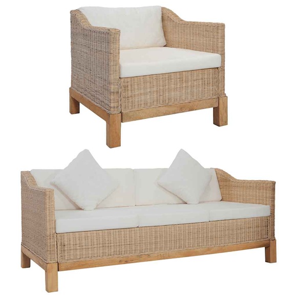 2-tlg. Sofagarnitur mit Auflagen Natur Rattan
