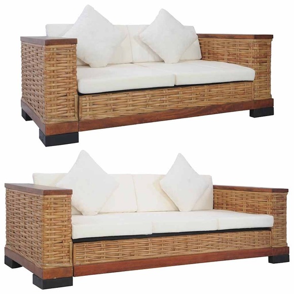 2-tlg. Sofagarnitur mit Auflagen Braun Natur Rattan