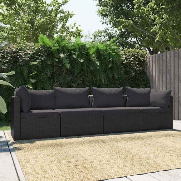4-tlg. Garten-Sofagarnitur mit Auflagen Poly Rattan Schwarz