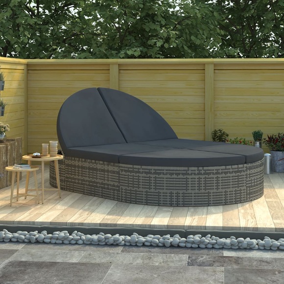 2-Personen-Sonnenliege mit Auflagen Poly Rattan Grau