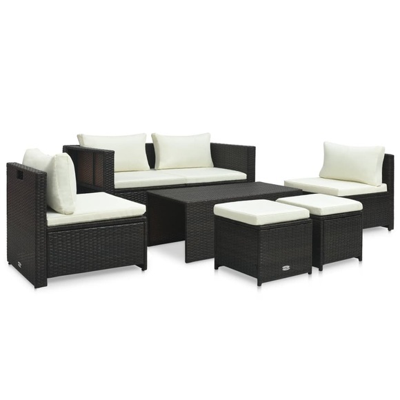 6-tlg. Garten-Lounge-Set mit Auflagen Poly Rattan Schwarz