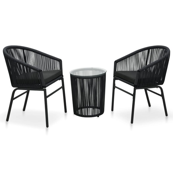 3-tlg. Bistro-Set mit Kissen PVC Rattan Schwarz