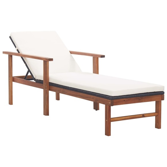 Sonnenliege mit Auflage Poly Rattan Akazie Massivholz Schwarz