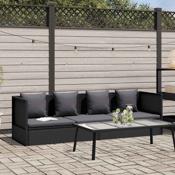 Gartensofa mit Auflage und Kissen Poly Rattan Schwarz