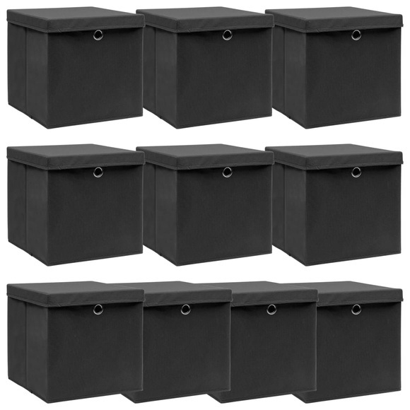 vidaXL Aufbewahrungsboxen mit Deckel 10 Stk. Schwarz 32×32×32 cm Stoff