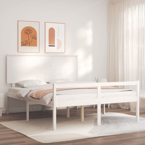 vidaXL Bettgestell mit Kopfteil Weiß 5FT King Massivholz