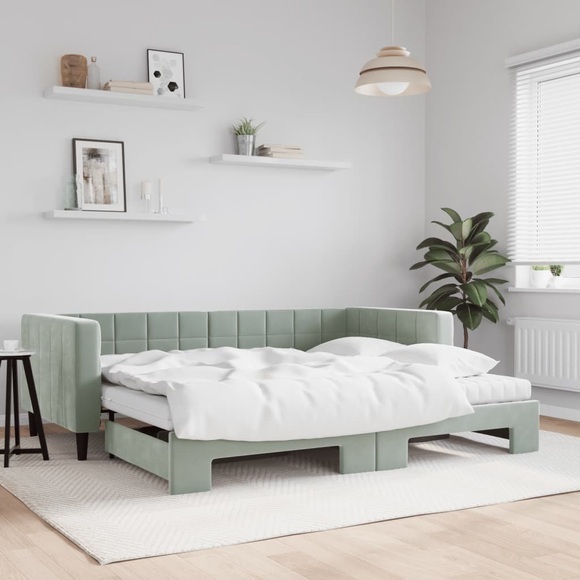 vidaXL Tagesbett Ausziehbar mit Matratzen Hellgrau 90x200 cm Samt