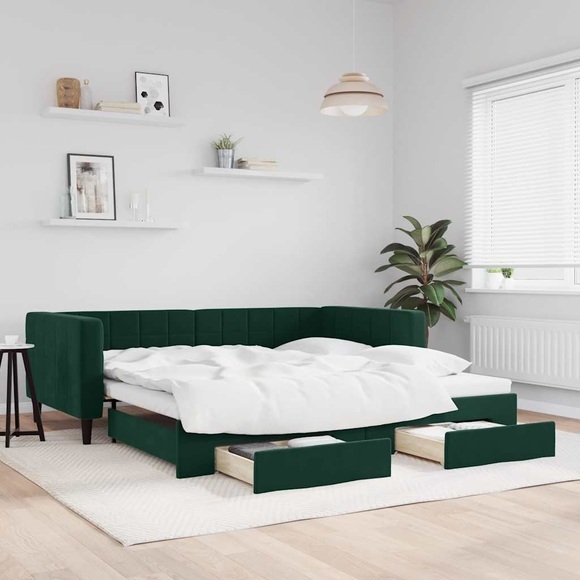 vidaXL Tagesbett Ausziehbar mit Schubladen Dunkelgrün 100x200 cm Samt