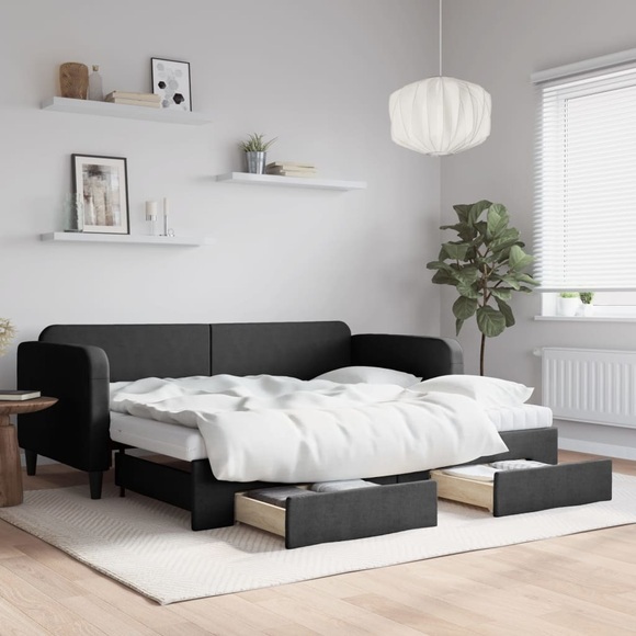 vidaXL Tagesbett Ausziehbar mit Schubladen Schwarz 90x200 cm Stoff