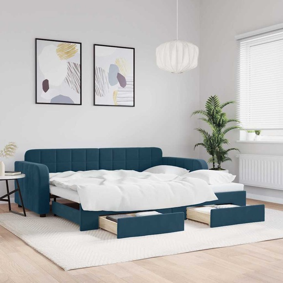 vidaXL Tagesbett mit Rollbett und Schubladen Blau 90x200 cm Samt