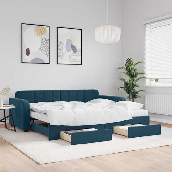 vidaXL Tagesbett mit Rollbett und Schubladen Blau 90x200 cm Samt