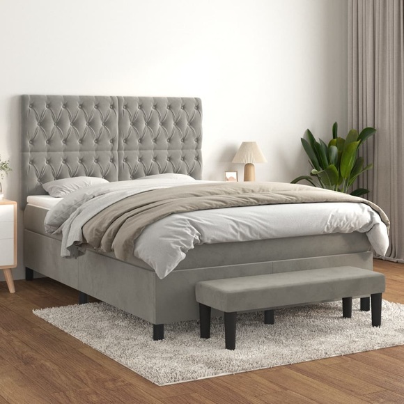 vidaXL Boxspringbett mit Matratze Hellgrau 140x200 cm Samt