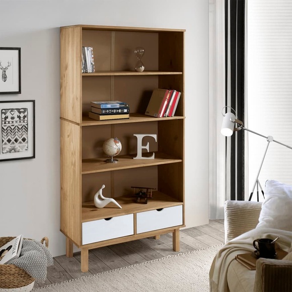 vidaXL Bücherregal OTTA mit 2 Schubladen Braun&Weiß Massivholz Kiefer