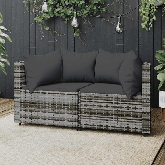 vidaXL Garten-Ecksofas mit Kissen 2 Stk. Grau Poly Rattan