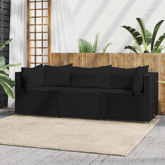 vidaXL 3-tlg. Garten-Lounge-Set mit Kissen Schwarz Poly Rattan