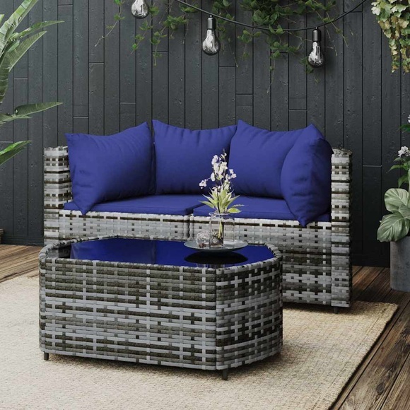vidaXL 3-tlg. Garten-Lounge-Set mit Kissen Grau Poly Rattan