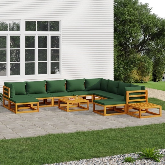 vidaXL 12-tlg. Garten-Lounge-Set mit Grünen Kissen Massivholz