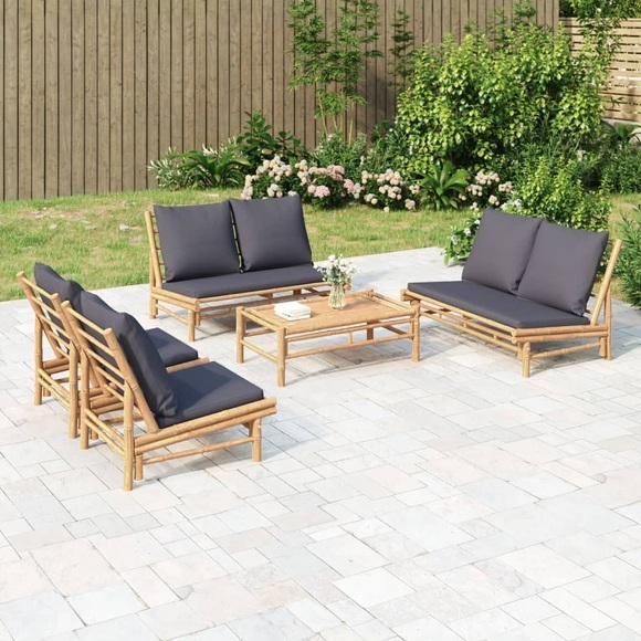vidaXL 5-tlg. Garten-Lounge-Set mit Dunkelgrauen Kissen Bambus