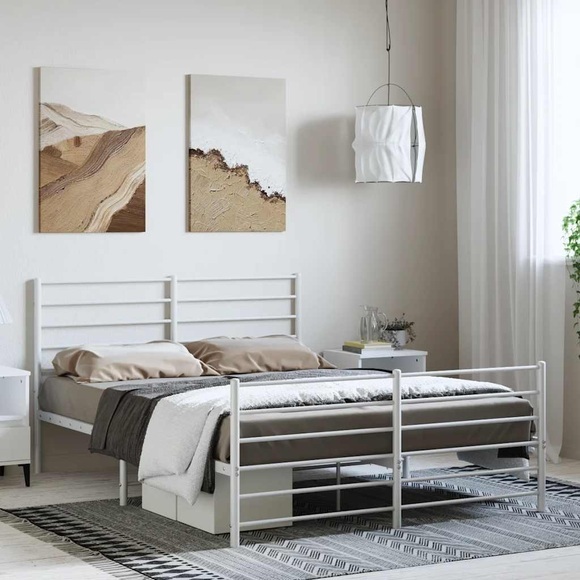 vidaXL Bettgestell mit Kopf- und Fußteil Metall Weiß 135x190 cm