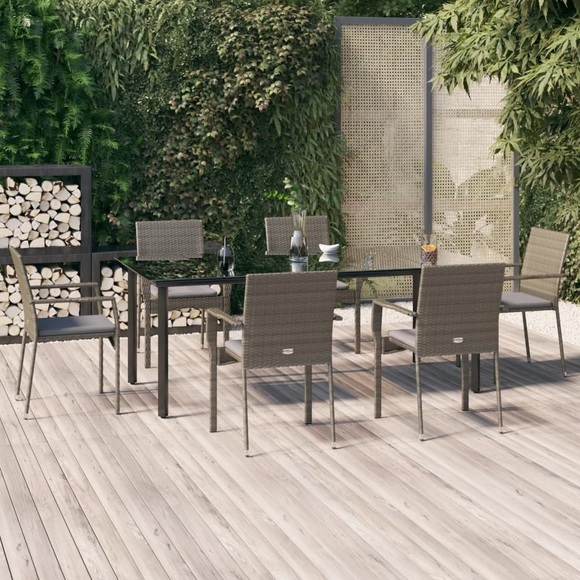 vidaXL 7-tlg. Garten-Lounge-Set mit Kissen Schwarz Grau Poly Rattan