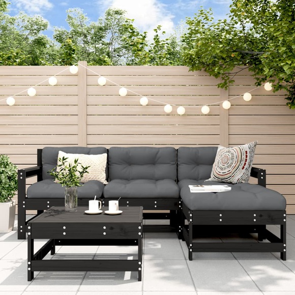 vidaXL 5-tlg. Garten-Lounge-Set mit Kissen Schwarz Massivholz