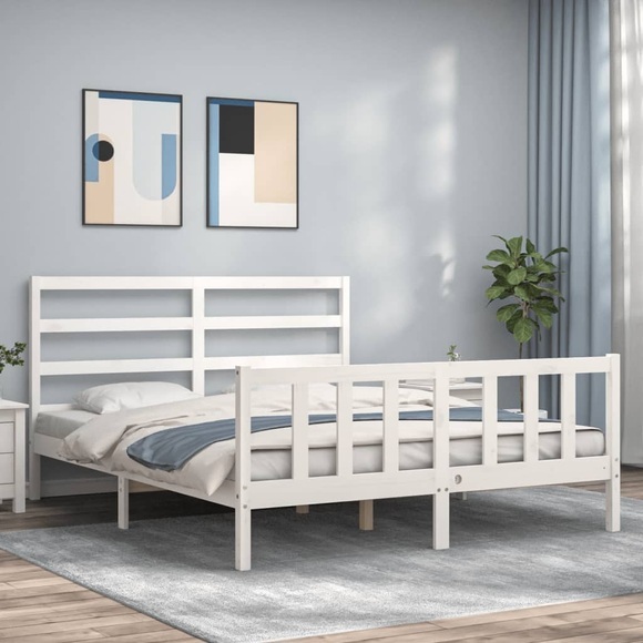 vidaXL Massivholzbett mit Kopfteil Weiß 160x200 cm