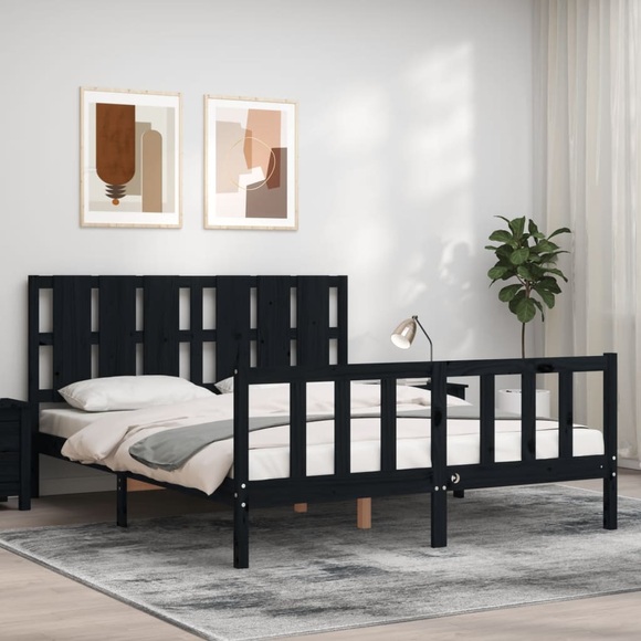 vidaXL Massivholzbett mit Kopfteil Schwarz 5FT King Size