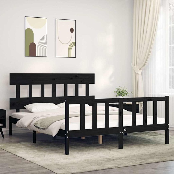 vidaXL Massivholzbett mit Kopfteil Schwarz 5FT King Size