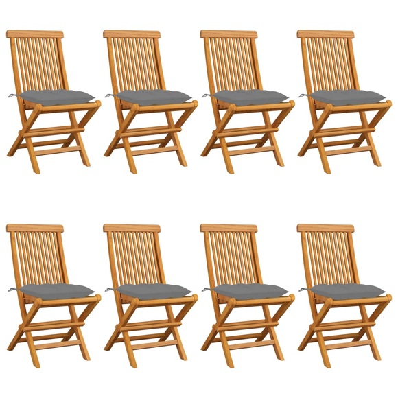 vidaXL Gartenstühle mit Grauen Kissen 8 Stk. Massivholz Teak