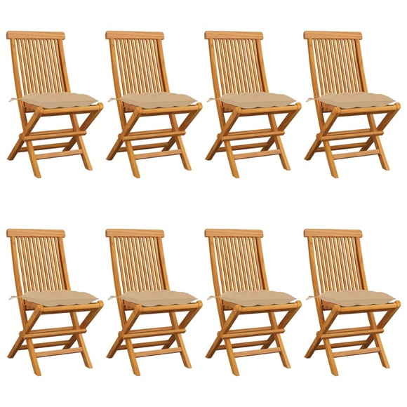 vidaXL Gartenstühle mit Beigen Kissen 8 Stk. Massivholz Teak