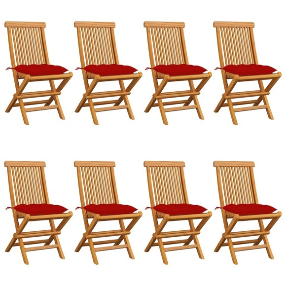 vidaXL Gartenstühle mit Roten Kissen 8 Stk. Massivholz Teak