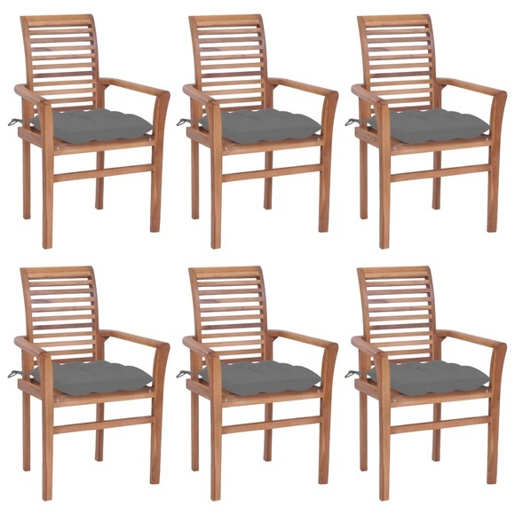 vidaXL Essstühle 6 Stk. mit Grauen Kissen Massivholz Teak