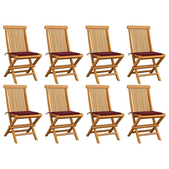 vidaXL Gartenstühle mit Weinroten Kissen 8 Stk. Massivholz Teak