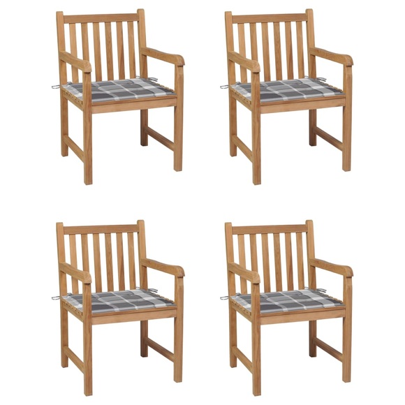 vidaXL Gartenstühle 4 Stk. Graue Karomuster-Kissen Massivholz Teak